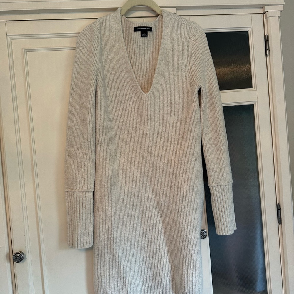 Cream V-Neck Sweater Dress